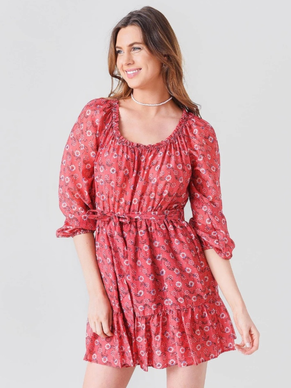 Xirena size L Jia dress coral floral silk cotton ruffle long sleeve belted NEW